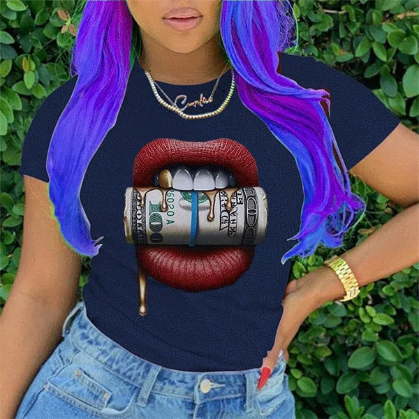 Women Dollar Lip Pattern 100% Cotton T-shirts