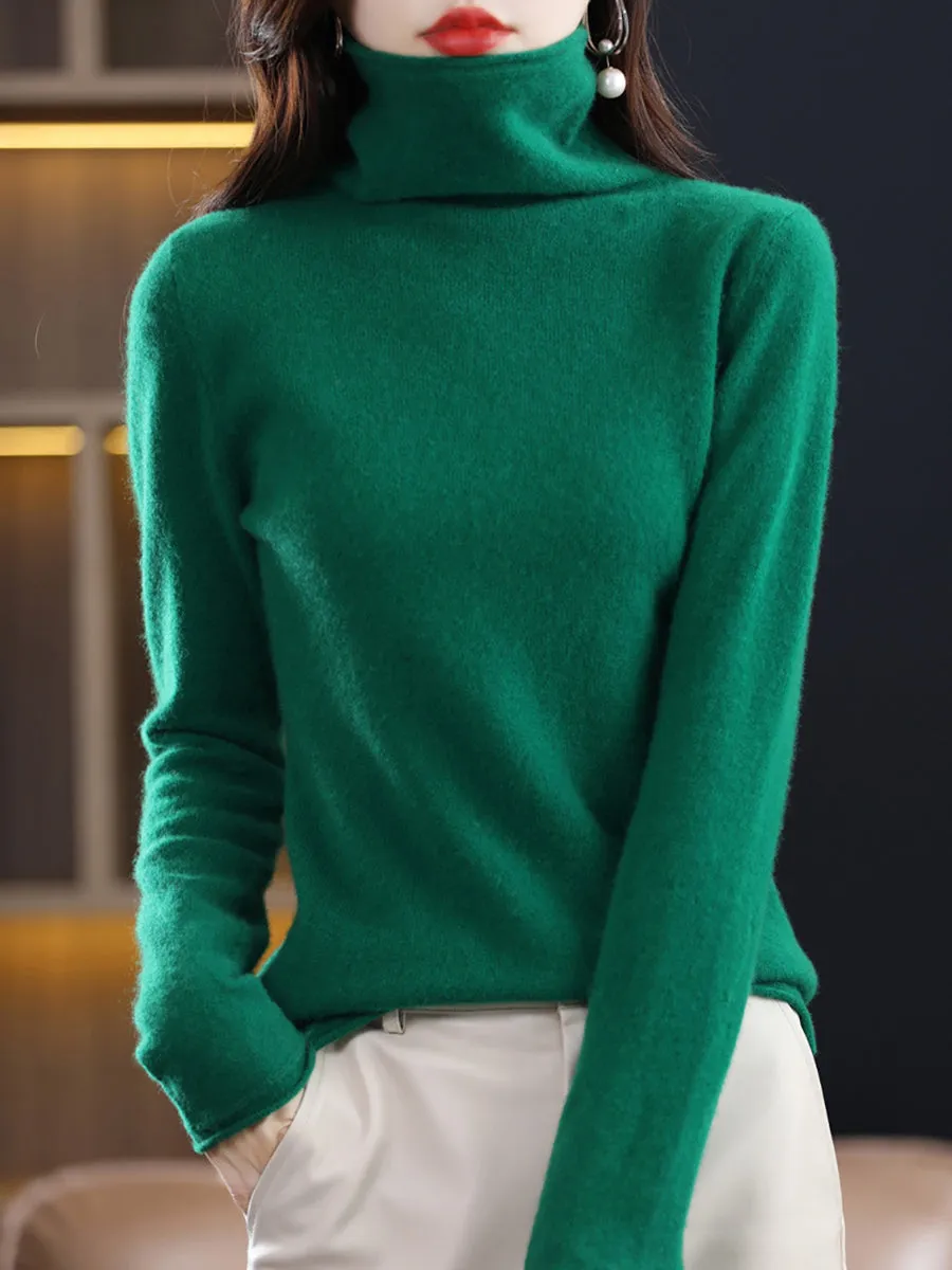 Women Winter 100%Wool Solid Turtleneck Baseshirt