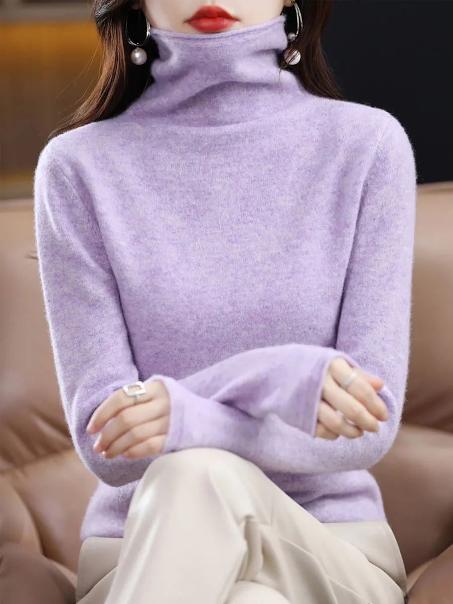 Women Winter 100%Wool Solid Turtleneck Baseshirt