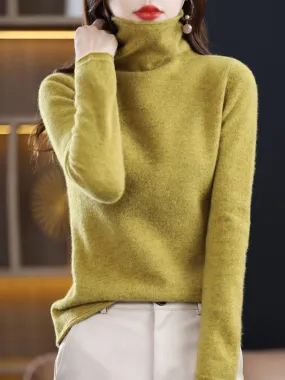 Women Winter 100%Wool Solid Turtleneck Baseshirt